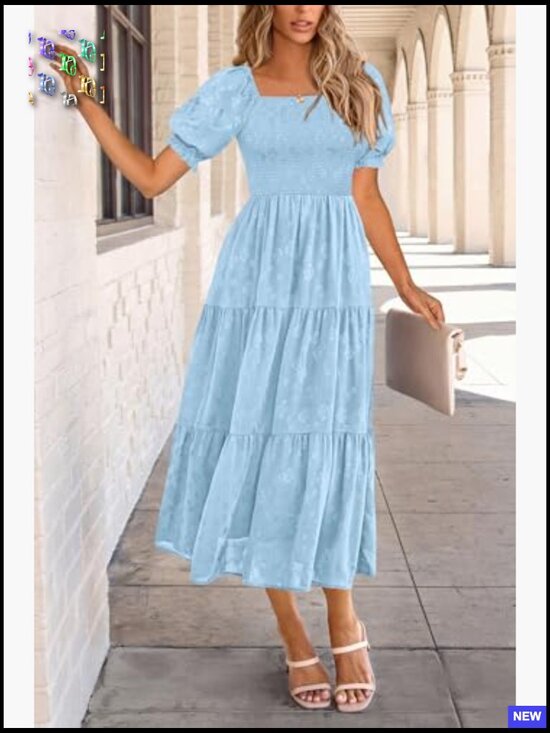 Floral Smocked Midi Dress Square Neck Boho Elegant Summer Casual Flowy - Picture 5 of 7